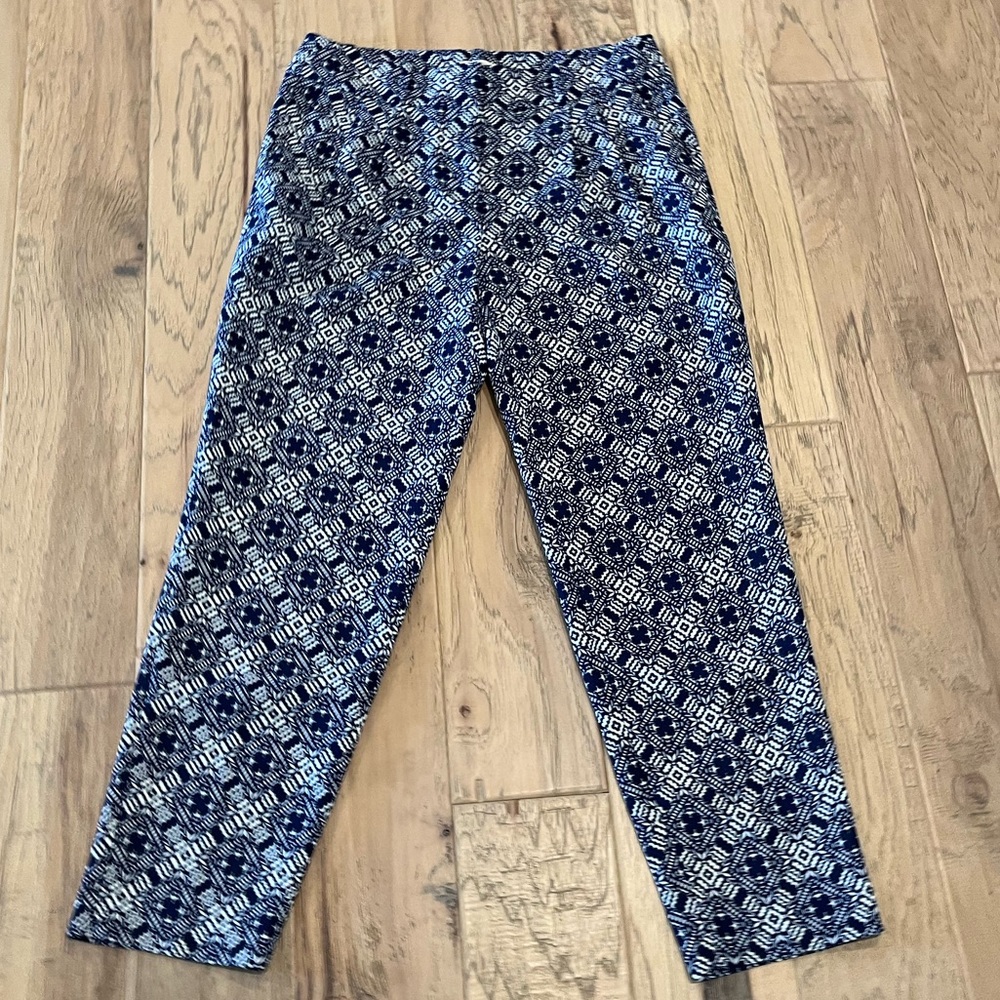 NWT J Crew pleated pants with blue and white pattern, size 0